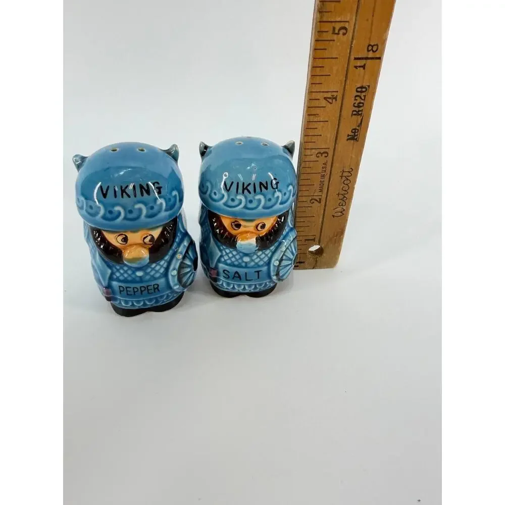 Vintage Viking Salt Pepper Shakers Japan Ceramic Blue Norse Figurines
